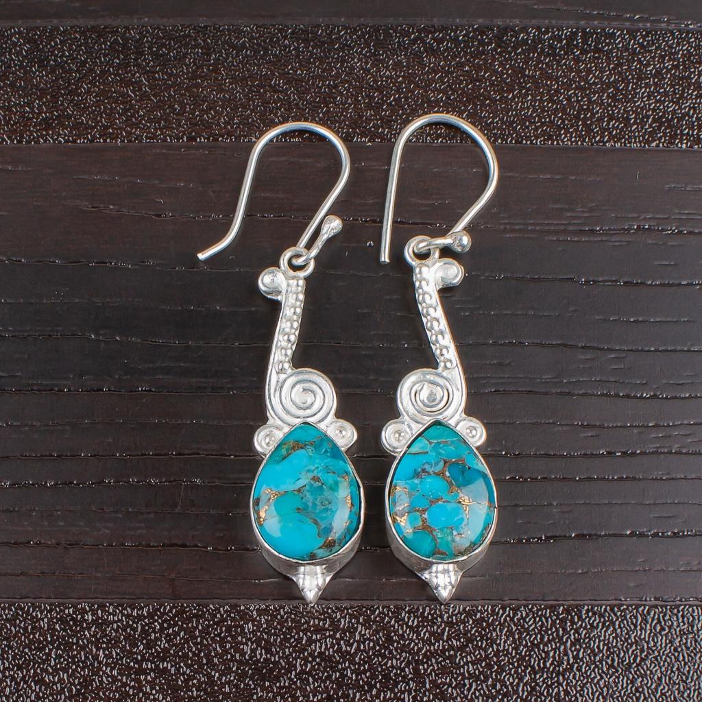 Real Blue Copper Turquoise Gemstone 925 Sterling Silver Lovely  Jewelry Earrings EE-37-35