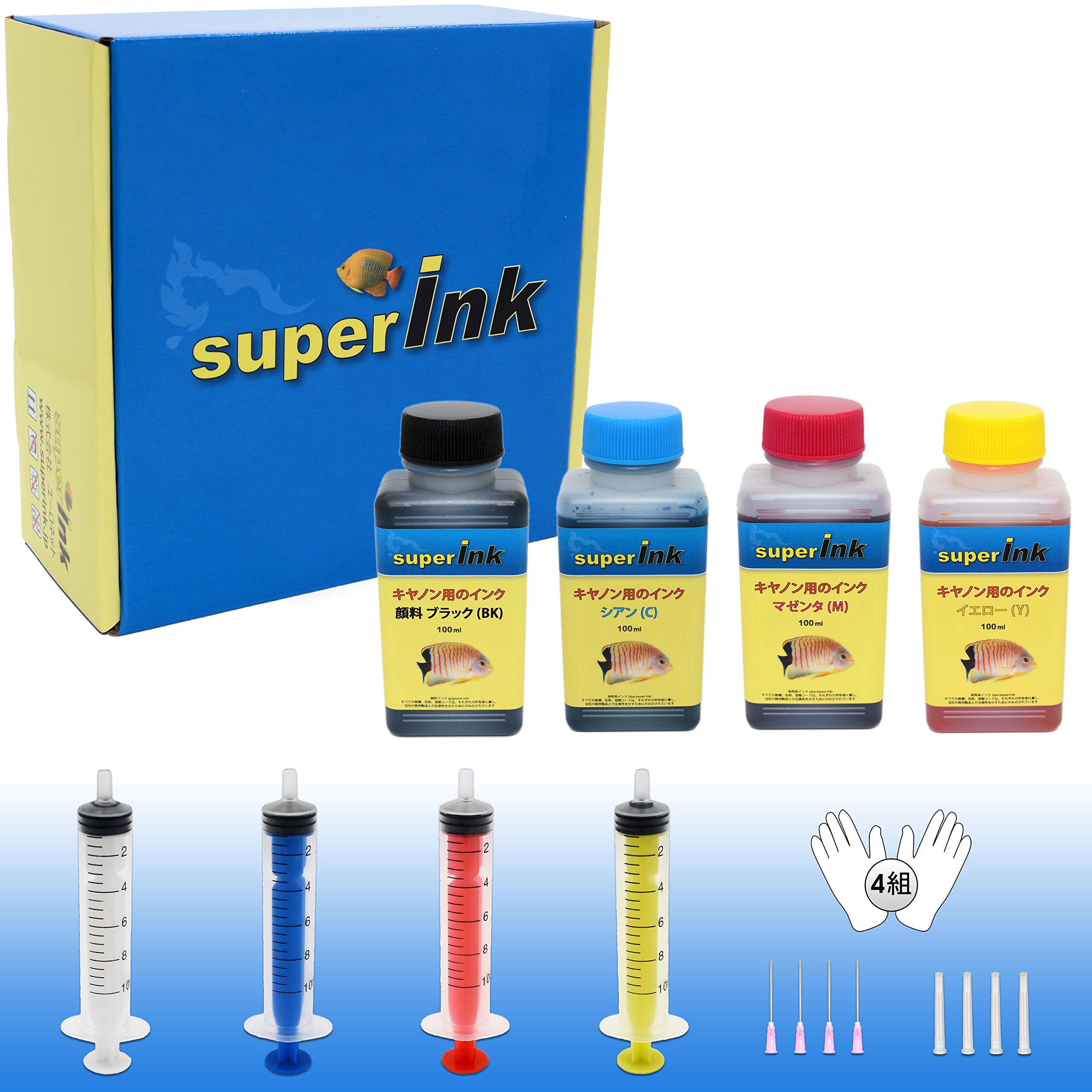 

Small Kit for Canon Refill Compatible Ink with All superInk 1 x 100ml 3 x 100ml 4 Sets Pair of Gloves 10ml Syringe Needle (S) (CANON) (Pigment + Dye)
