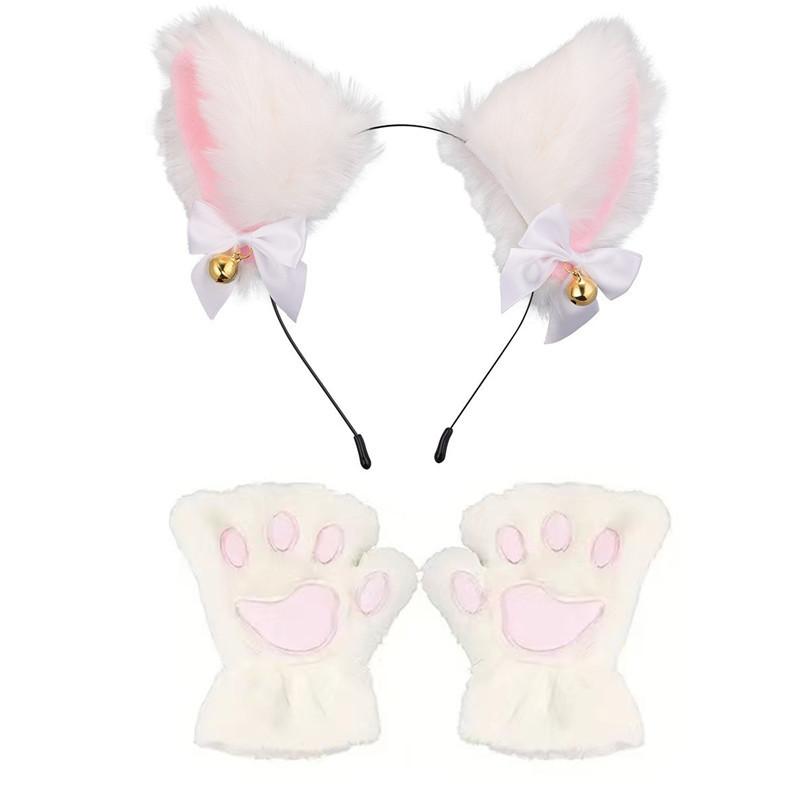 Cartoon Cute Cat Claw Paw Gloves Hairband Tail Set Sexy Masquerade Cosplay Cat Ear Party Costume Bow Bell Headwear Accessories