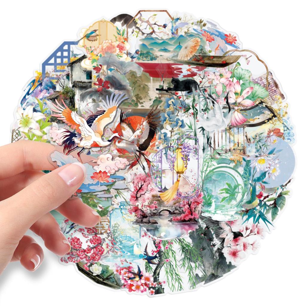 50 Sheets Chinese-Style Transparent Stickers: Elegant Ancient Graffiti for Crafts, Storage Boxes, Notebooks, and Envelopes.