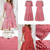 Tiered Gingham Check Floral Print Short Puff Sleeve Long Dress [1/2style] Women's A-Line (JP, Alphabet, XL, Black)