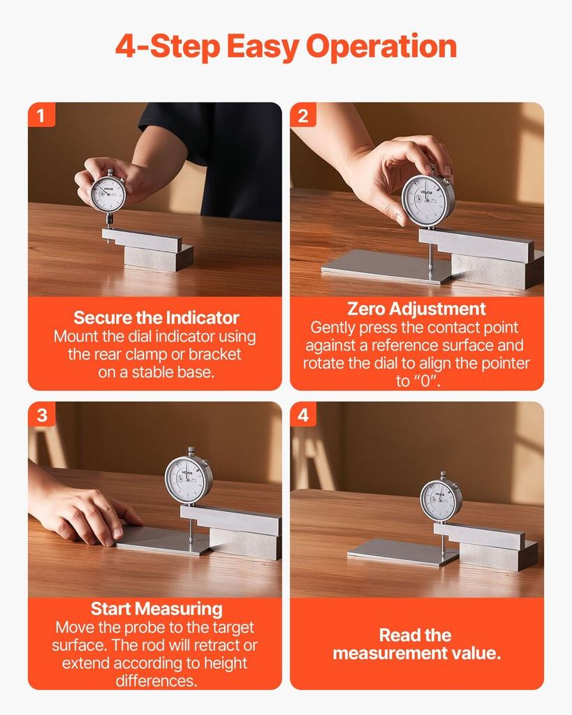 Dial Test Indicator with Metal Base, 0.03 Mm Accuracy, 0-25.4mm Range, Easy To Read Large Dial, Professional for Narrow Area Measurement, Industrial