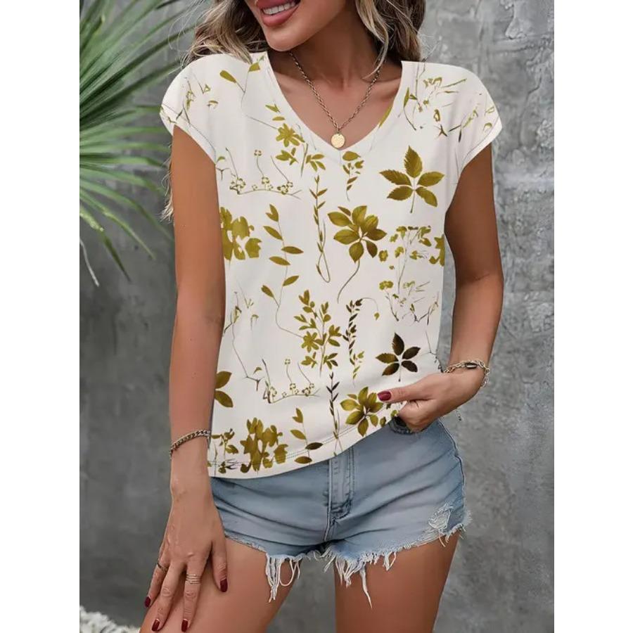 Camiseta vintage para mujer con estampado floral, manga corta, cuello en V, tops cómodos