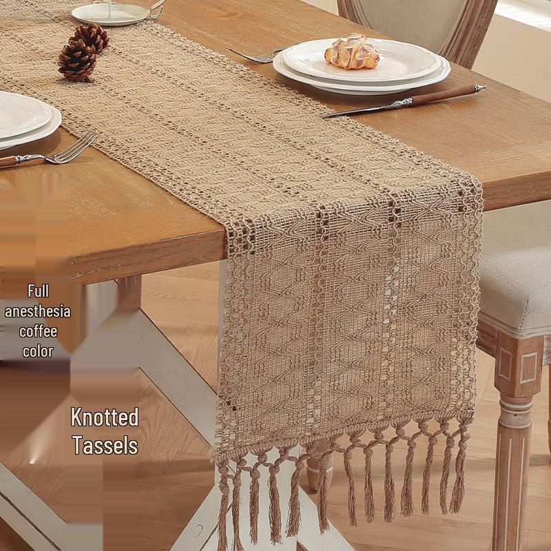 Nordic Light Luxury Cotton Linen Color Block Tassel Table Runner