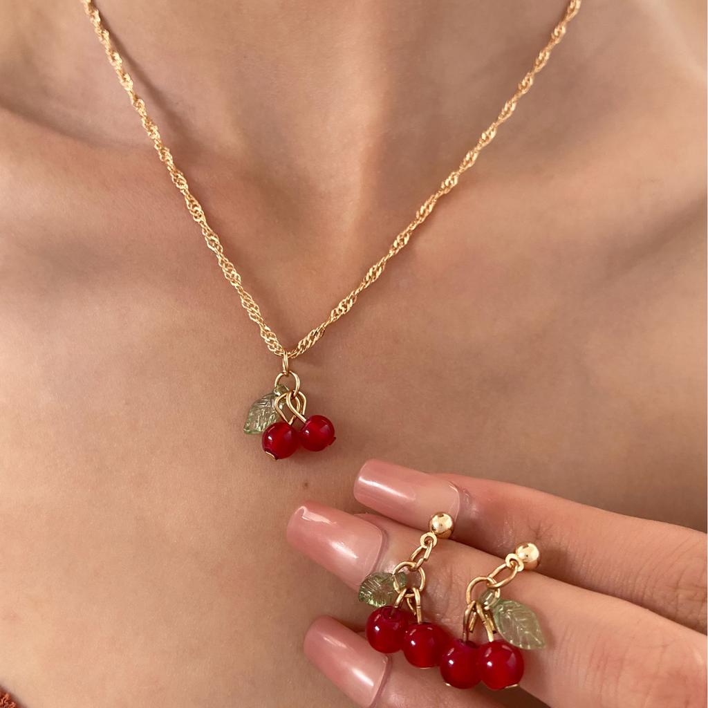 Red Sweet Cherry Clavicle Chain Necklace and Earrings Women's Summer Fashion Green Leaf Pink Cherry Fruit Pendant Zircon Set