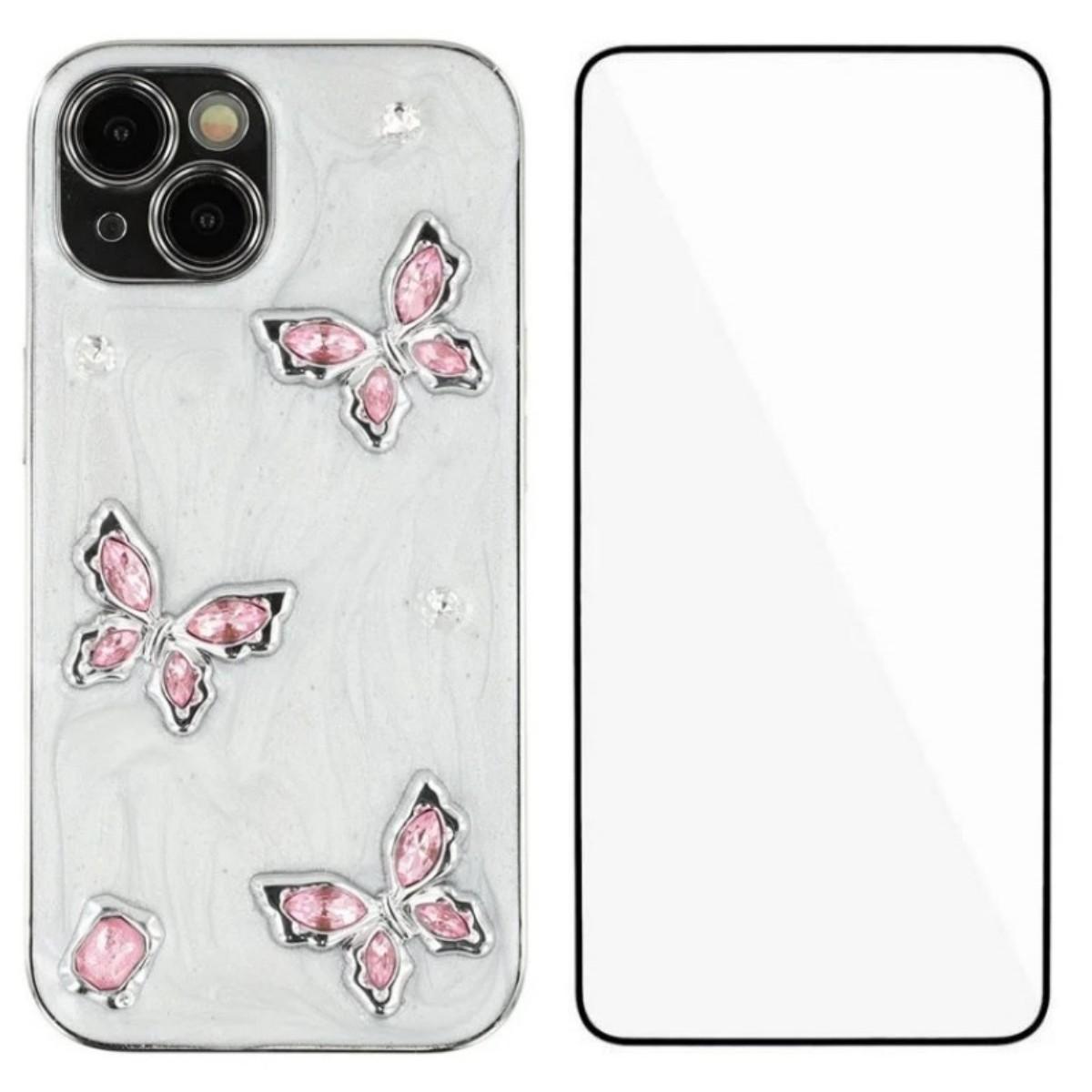 

For iPhone 14 Case WANLONFENG Electroplated Epoxy TPU+Acrylic Phone Cover with Tempered Glass Pink Butterfly