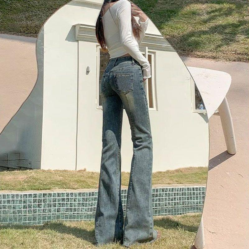 Big Yards Micro Flare Jeans Female Slim High Waist Design Sense Double Button Retro Elastic Flare Trousers Jeans for Women Long Denim Pants