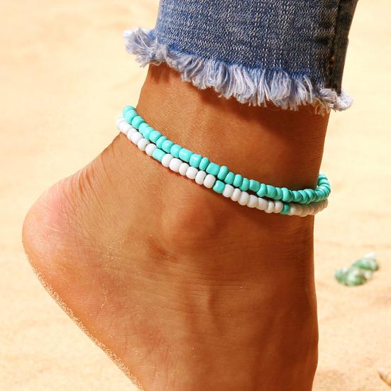 Lady Double Layers Beaded Barefoot Sandal Anklet Foot Chain Beach Ankle Bracelet
