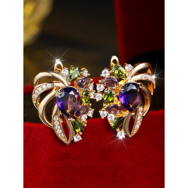 Light luxury retro butterfly ring with colorful gemstones Gold ring with amethyst and cubic zirconia Women's banquet personalized earrings