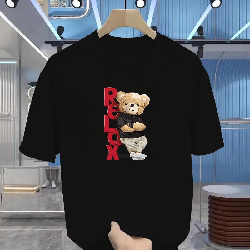 Men's Summer 100% Cotton Fashionable Casual Loose Large Size Letter Bear Printed Sports Round Neck Short Sleeve T-shirt Top