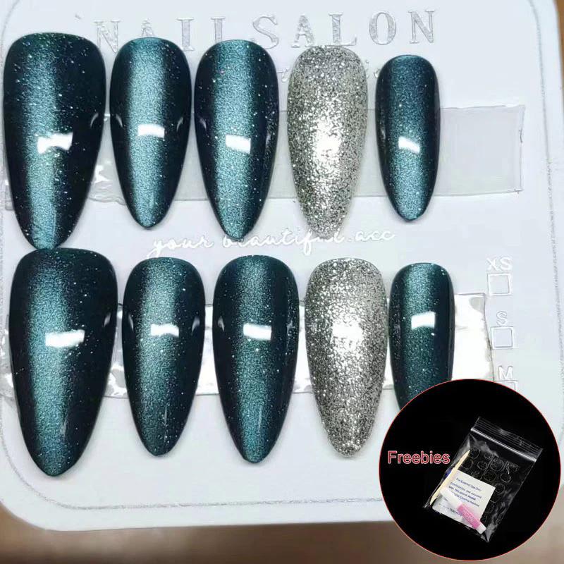 Full HANDMADE Almond Shape Rotating Butterfly Nails Art Black Green Cat Eye Silvery Sparkling Dtars Simplicity Phototherapy Fake Nails Reusable