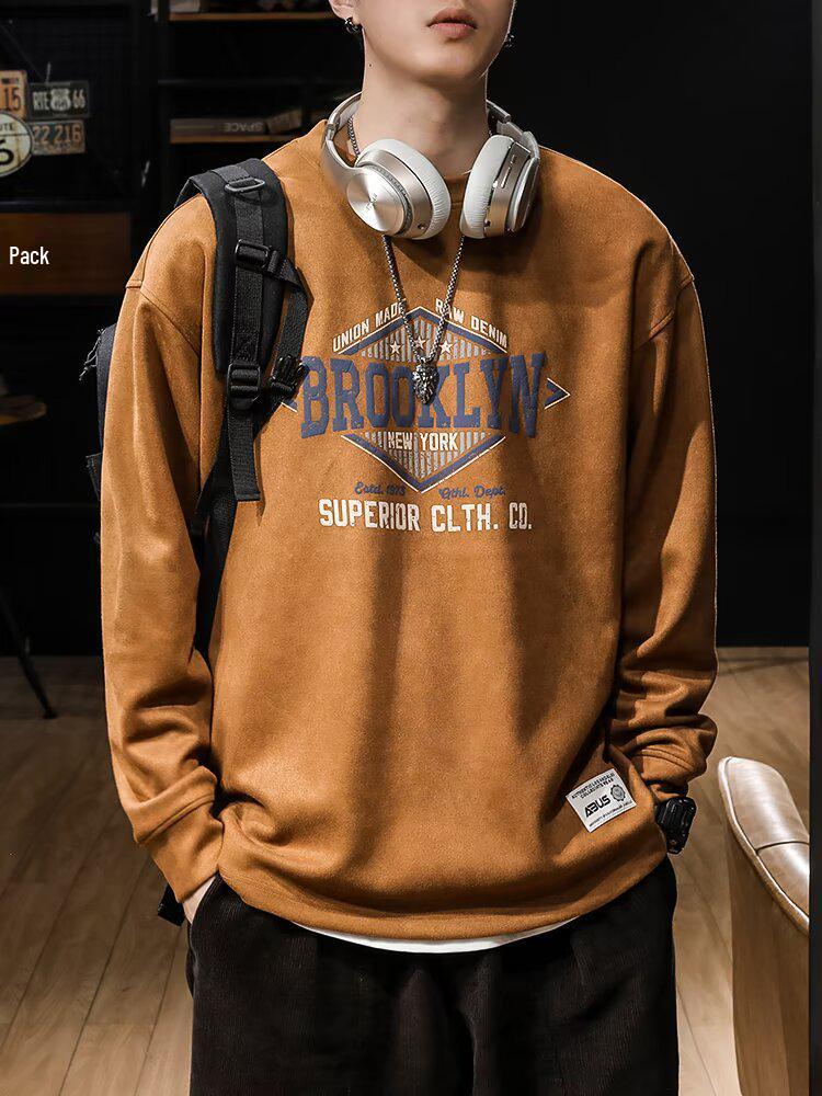 Men s Retro Suede Hoodie - Loose Fit, Round Neck, Long Sleeve, Perfect for Spring & Autumn. 3XL