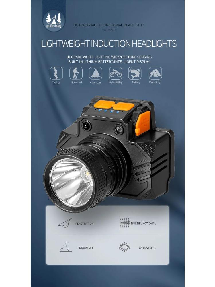 Rechargeable Portable Flashlight Induction/No Induction LED Headlamp Camping Fishing Adventure Headlight 3Modes Built-in Battery