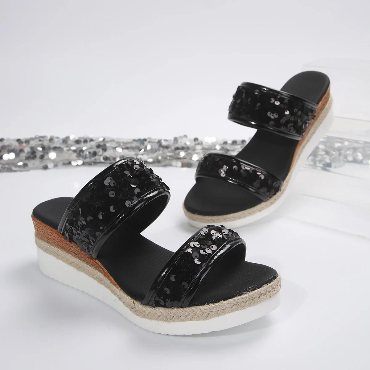 

Блестящие босоножки на танкетке с блестками для женщин, лето 2024, пляжные серебристые тапочки на толстой платформе, женские босоножки на каблуках 36 чёрный