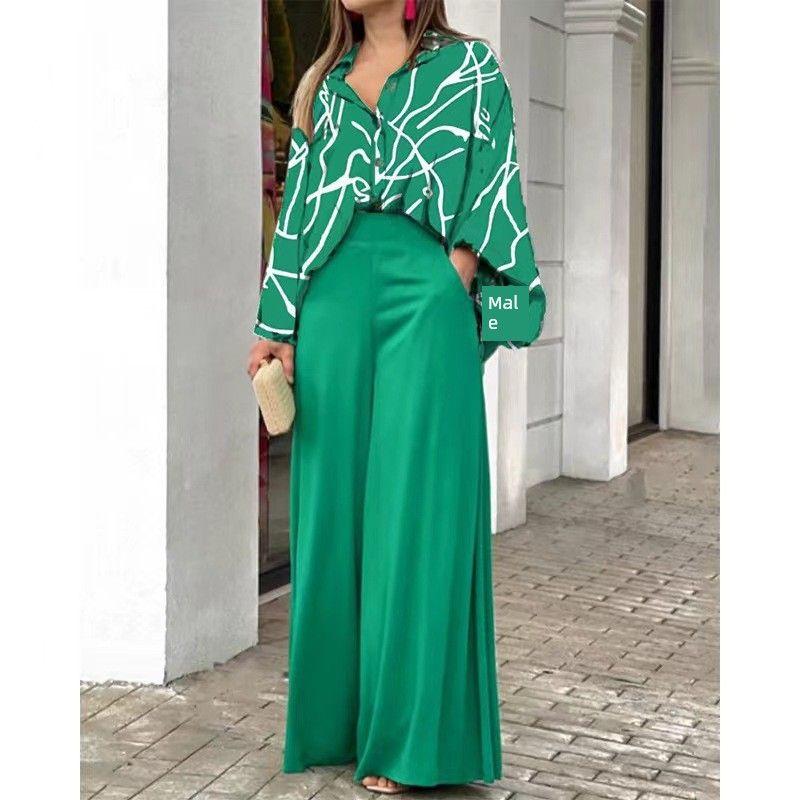 Casual Two Piece Sets Women Loose Casual Print Shirt Tops Loose Pants Two-piece Set