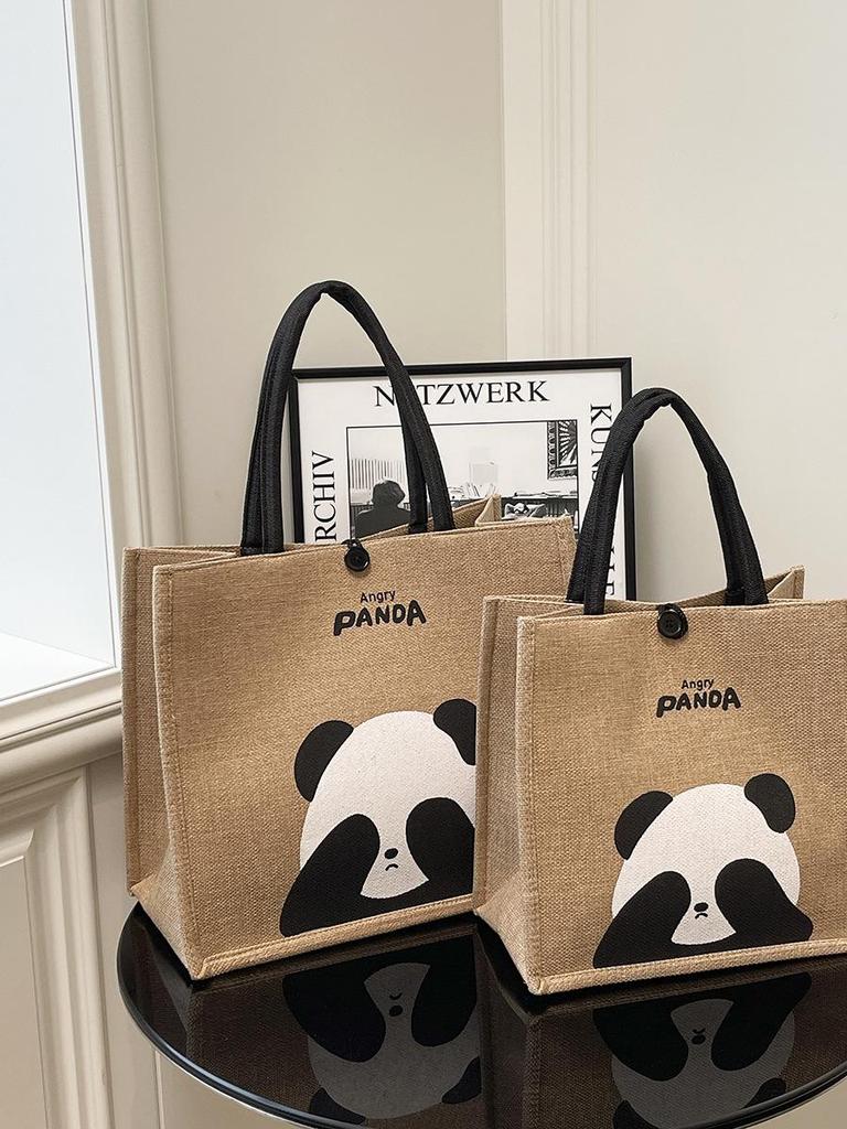 Portable Large-Capacity Panda Tote Bag - Retro Linen Shopping & Travel Shoulder Bag