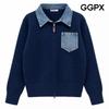 Collar Neck Leather Zip Up Knit Cardigan Gq9kg015f