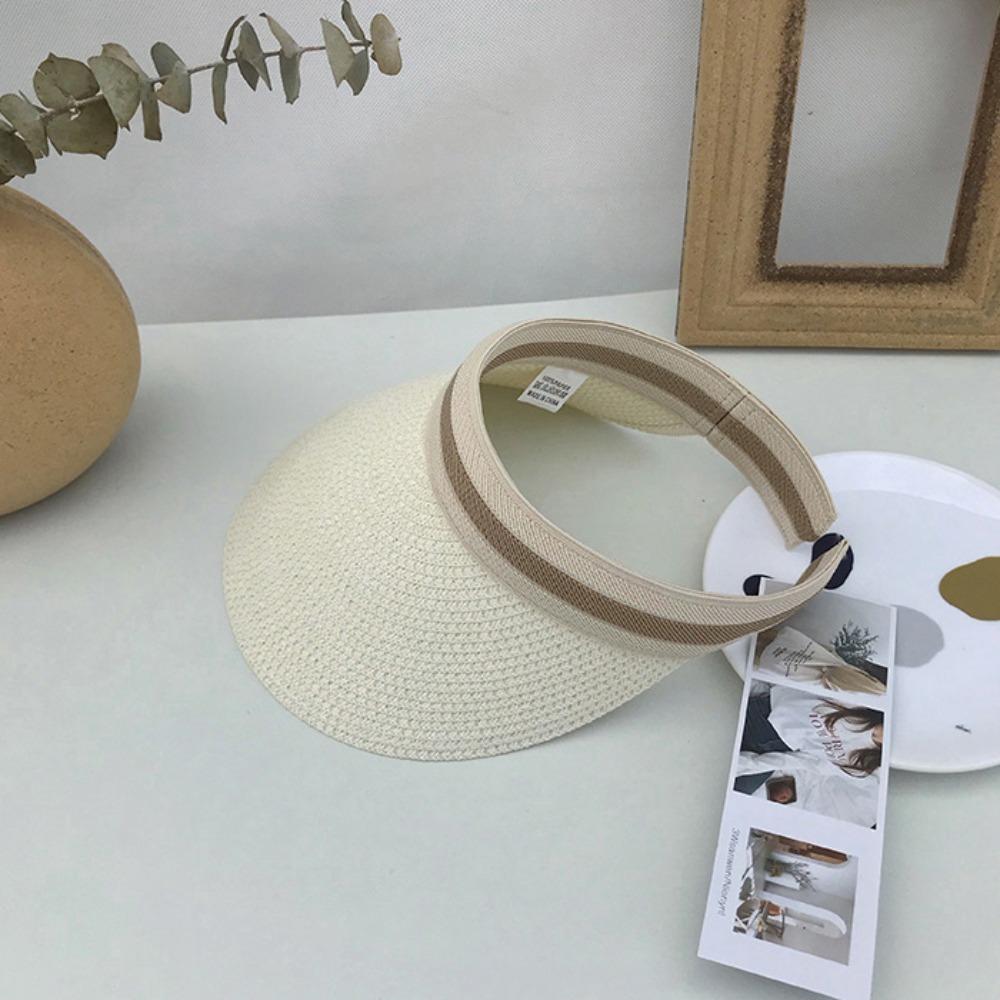 Large Brim Lafite Straw Visor Cap Adjustable Summer Sun Cap Seaside Hollow Hat Beach