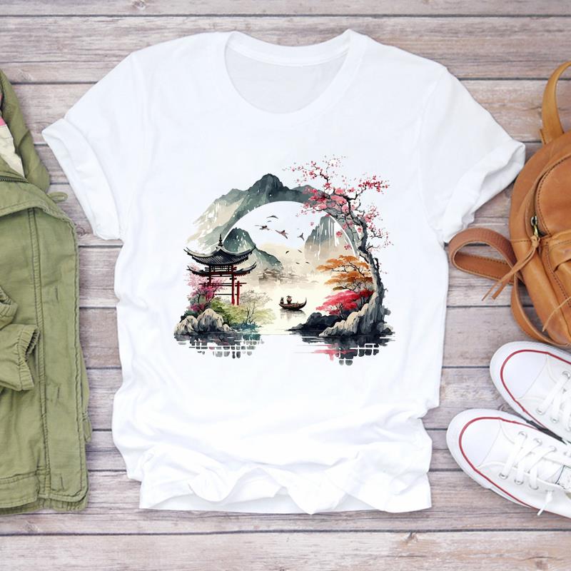 (European Size) 90s Tee Top Clothing Flower Watercolor Trend Cute Casual Short Sleeve Fashion T-shirt Women Print Lady Female Graphic T-shirt