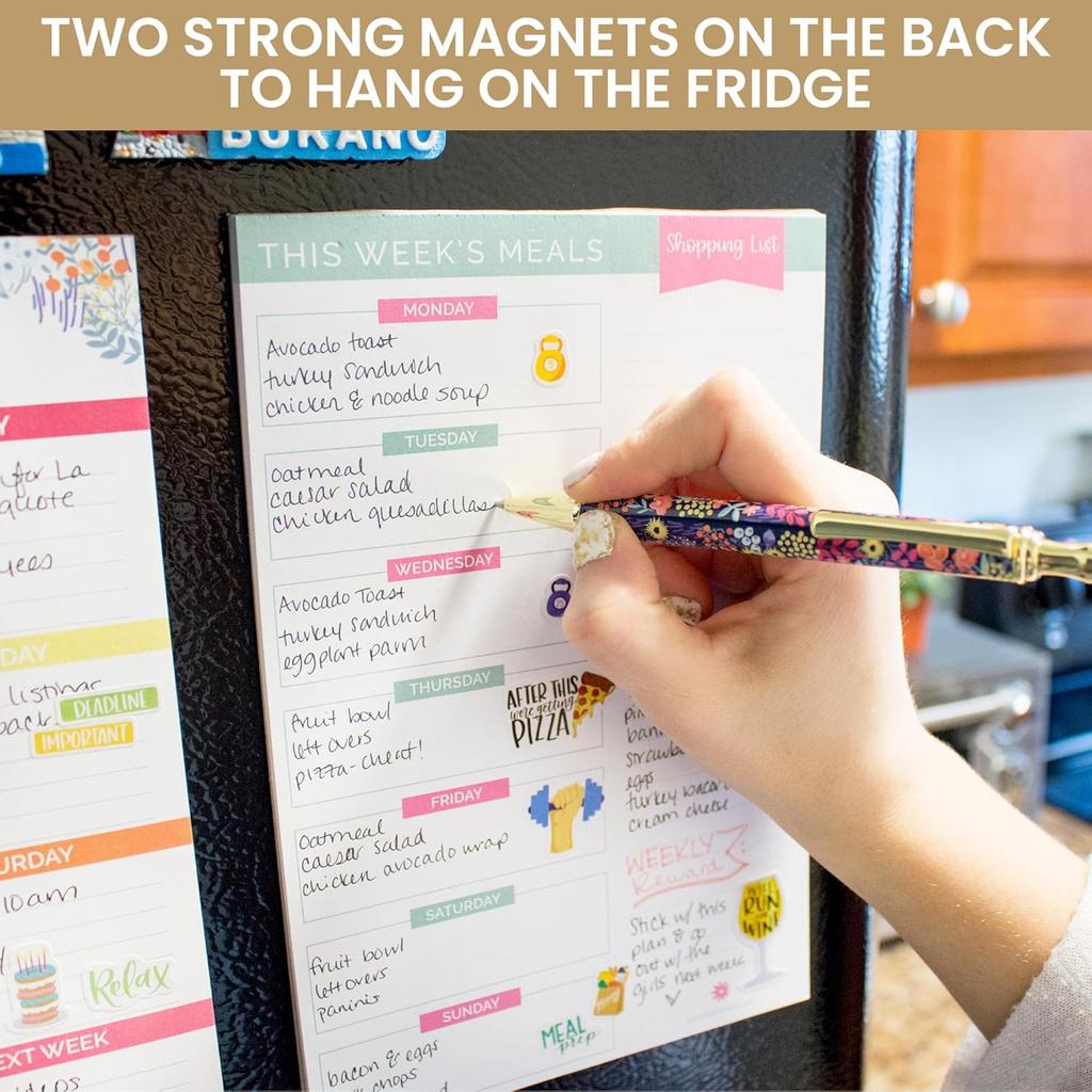 bloom daily planners Weekly Meal Planning Pad - Magnetic Hanging Refrigerator Menu Planner with Tear-Off Sheets & Perforated Grocery Shopping Lists -