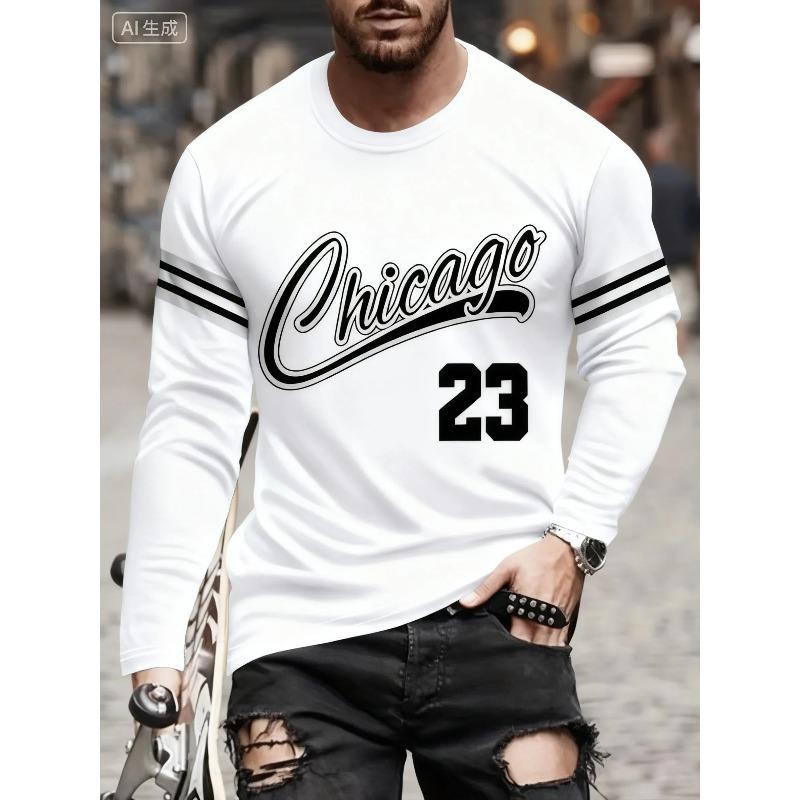 Men's 3D  "Chicago 23" Printed Long Sleeved Sports T-shirts Round Neck Breathable Perfect for Casual Wear Daily T-shirts