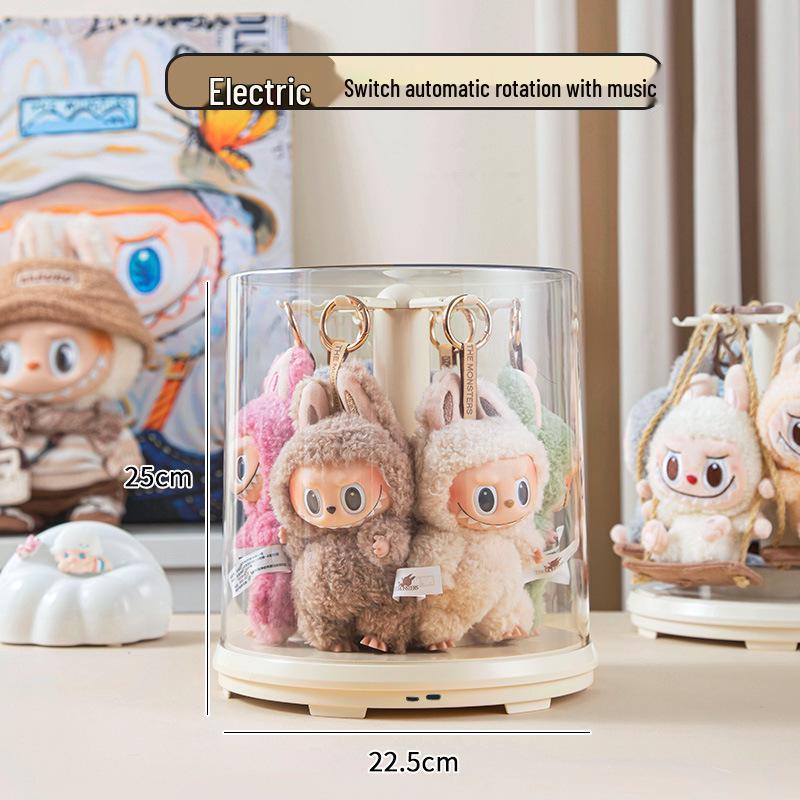 Labubu Charm Music Rotating Display Box: Transparent Plush Doll Figurine Storage Stand