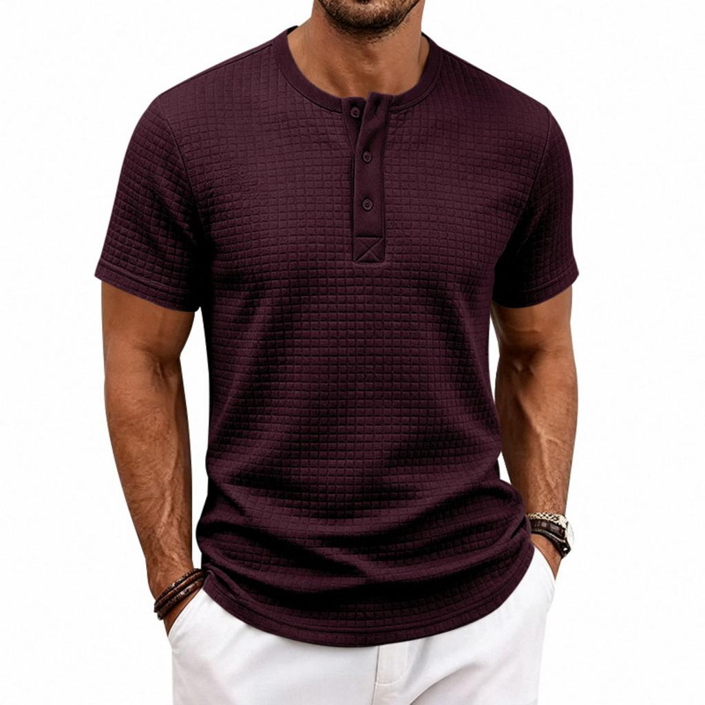 Men's Casual Short Sleeve Henley Shirt Loose Fit Small Check Jacquard Pattern Lightweight Summer Top with Button Placket