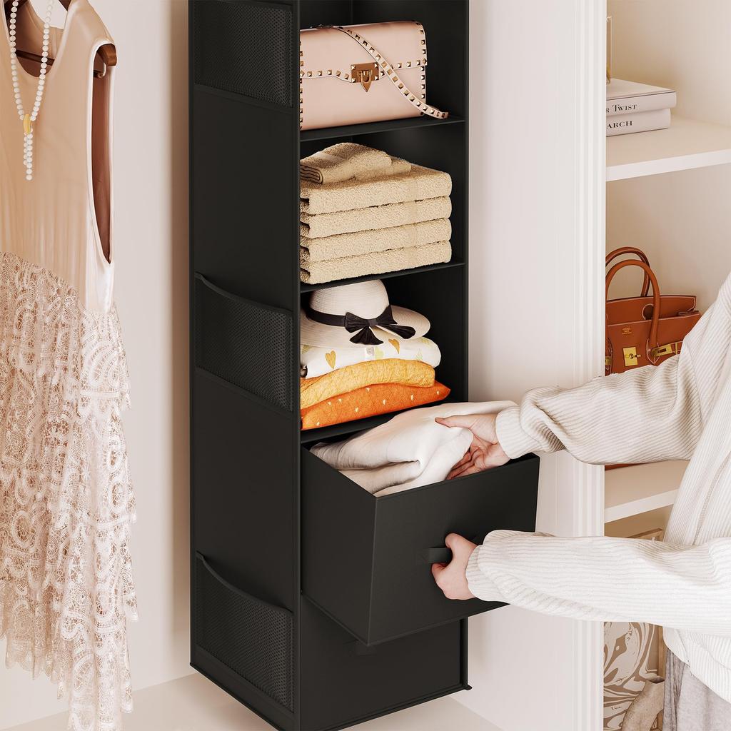 YOUDENOVA Hängende Aufbewahrung 5 mit Kleidung für Stofftiere Große Seitenaufbewahrung 30x29x112cm Schrank, Fächer, Schubladen, Faltbar, Vliesstoff, Regal, Hüte,