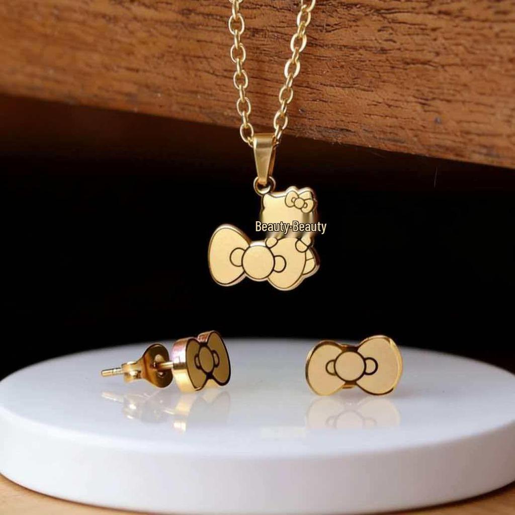 Creative Cartoon Kitty Bow Set: Colorfast Necklace & Earrings - Childlike Best Friend Accessories