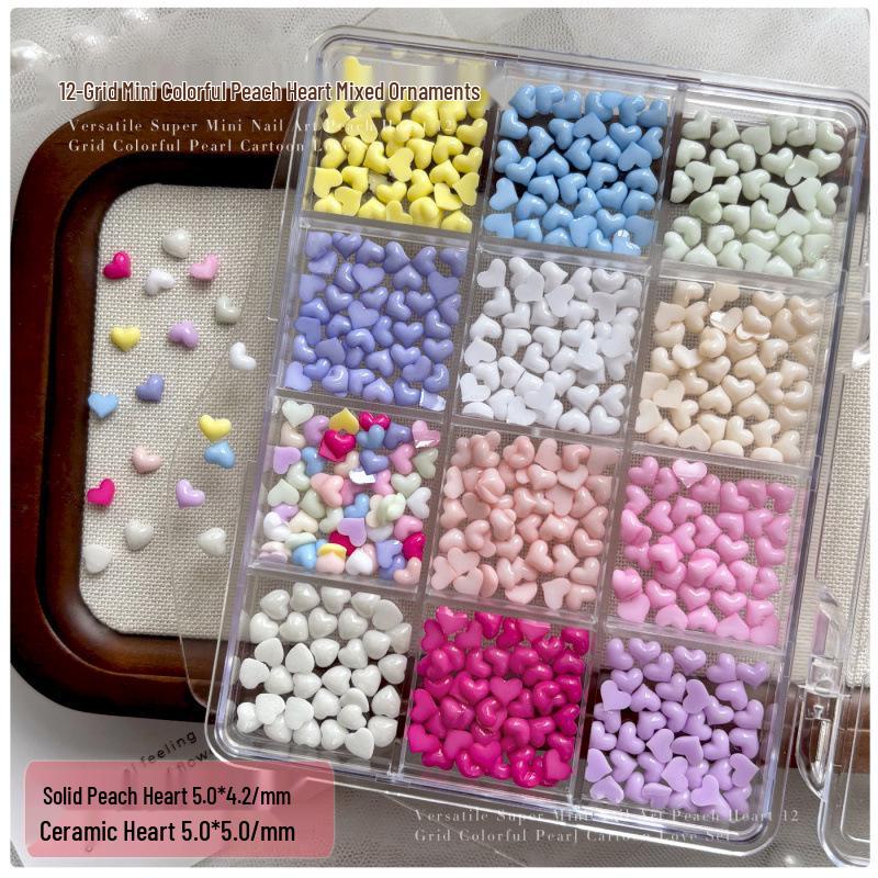 

12-Piece Colorful Heart Nail Art Set: Mini Translucent Peach Heart Resin Rhinestones