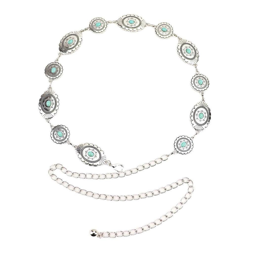 Vintage Turquoise Carved Belt Chain: Fashionable Metal Waist Accessory for Dresses