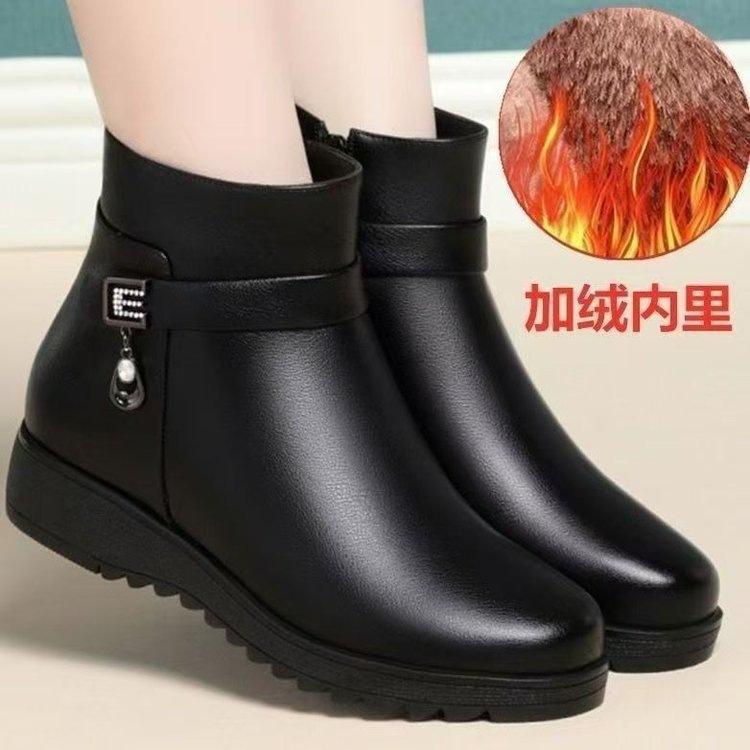 Mom Cotton Shoes Women's Winter Velvet Warm Middle-aged and Elderly Women's Leather Shoes Non-slip Flat Sole Soft Sole Comfortable Short Boots