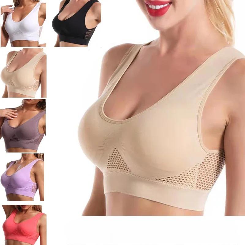 1pcs Women Sports Bra Large Size No Steel Ring Seamless Underwear Removable Chest Pad Runing Sport Hollow Mesh Vest Bras