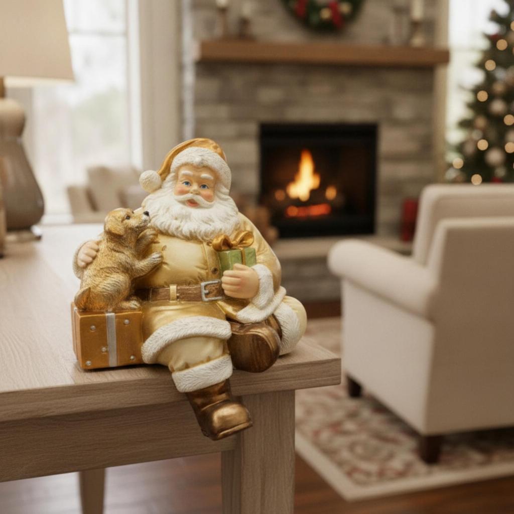 Santa Figurine with Dog Toned Resin Christmas Tabletop Ornament for Decorators,