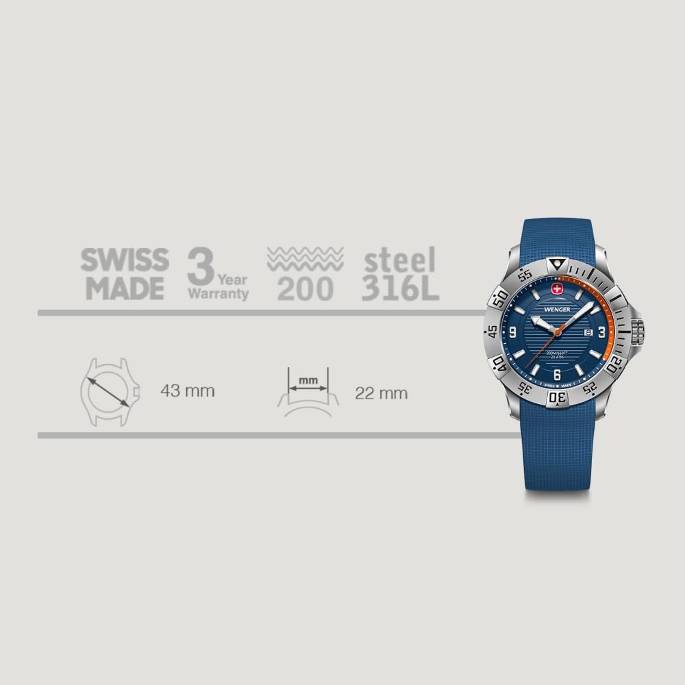 Męski zegarek kwarcowo-analogowy WENGER SEAFORCE ze stalową kopertą (316L), Niebieska Tarcza, Niebieski Silikonowy Pasek, Wodoszczelność 200m, 3-letnia Gwarancja,