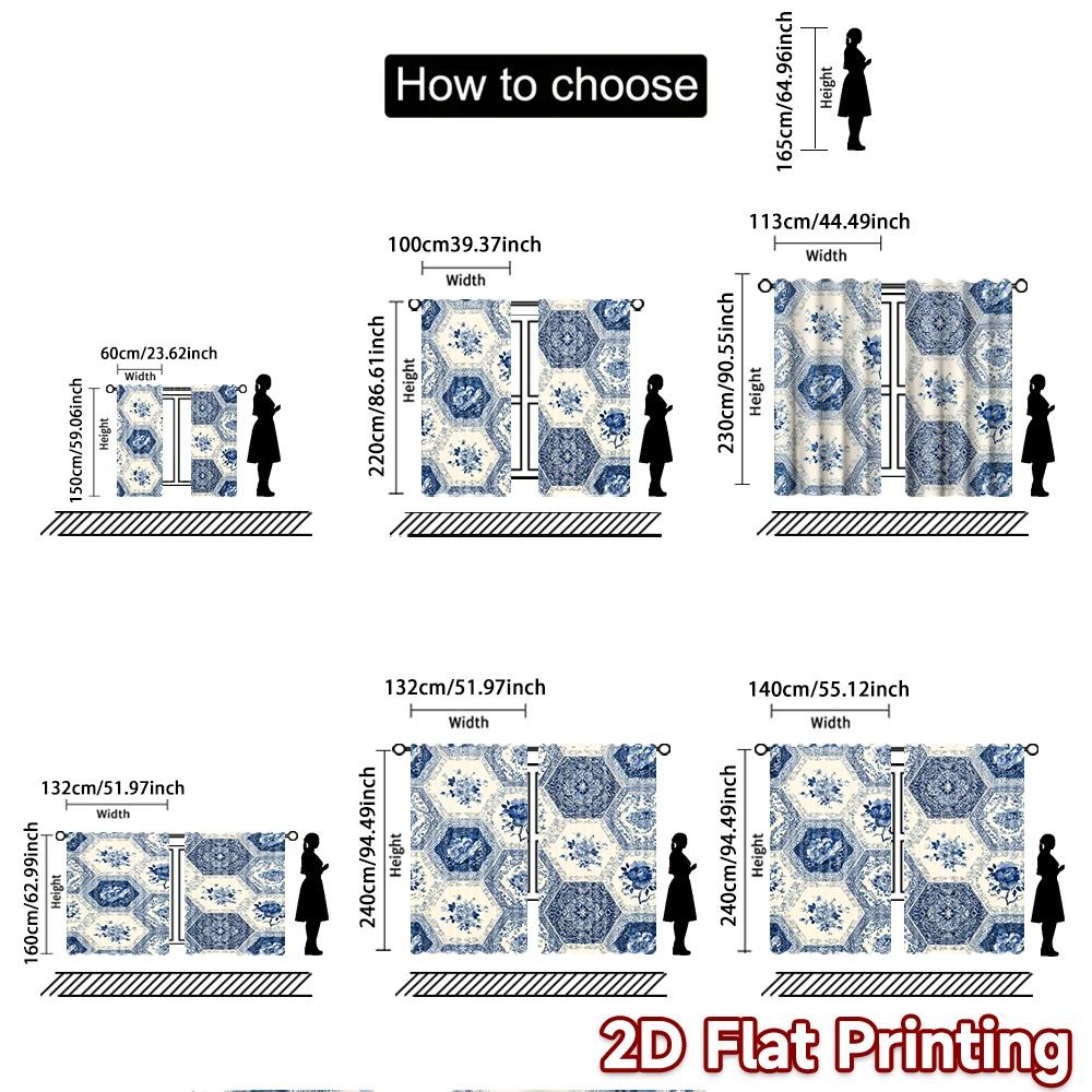 2pcs   2D FLAT PRINTING Curtains (Without Rod) Blue Hexa Pattern Modern Fashionable Curtainments Machine Washable Fabric Curtains