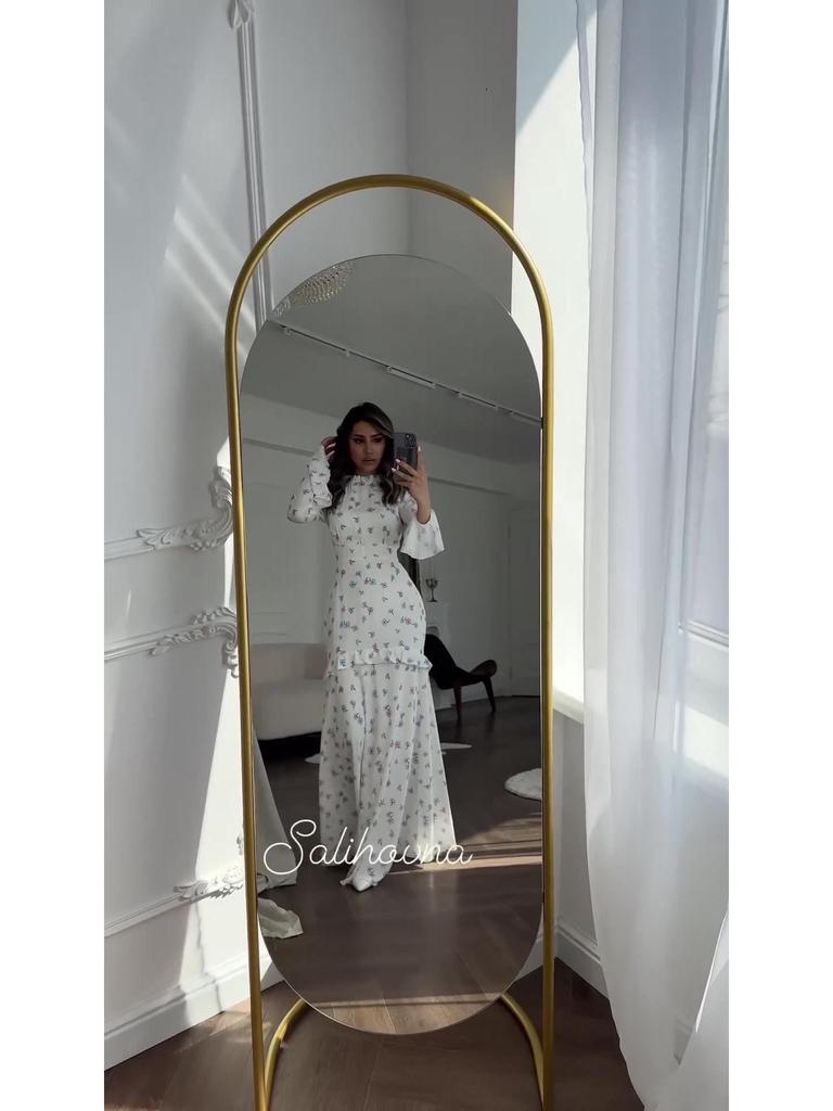 European & American Floral Ruffle Long Dress - Gentle Style, Fresh Spring White, 2024 Collection