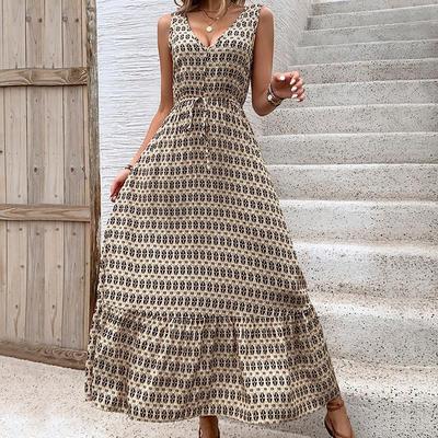 Vestido plisado sin mangas con cintura alta y estampado de color con cordones y temperamento de otoño e invierno para mujer