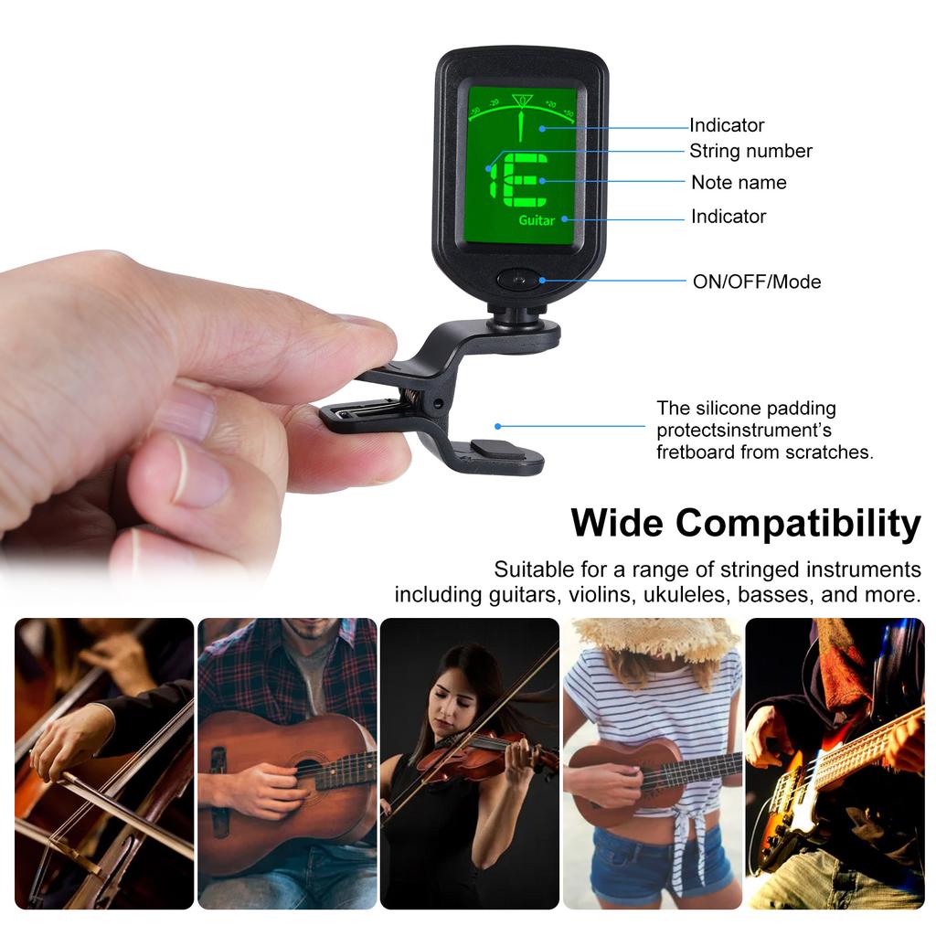 Klips na kytarovou ladičku, Digitální ladička na ukulele, Otočný LCD displej, Ladička dobíjecí přes USB-C,