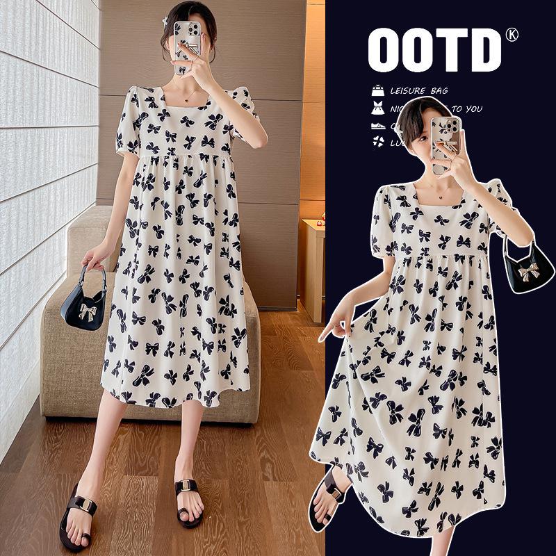 Plus Size Summer Maternity Dress: Square Neck, Butterfly Midi, Short Sleeve