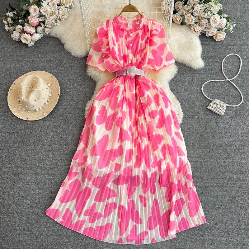 Accessible Luxury Stand Collar A- line Printed Dress Elegant Short Sleeve