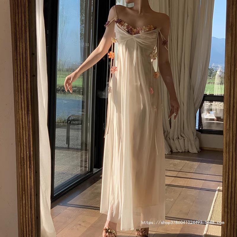 

2024 Summer Sheer Fairy Gauze Spaghetti Strap Dress: Sweet, Fresh & Long Extra Small