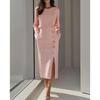 TIFICY Women's Fashion Spring Fall Solid Color Print Long Sleeve O-Neck High Waist Casual Dresses
