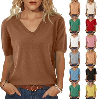 Women’s Short Sleeve V Neck Pullover Knit Top Lightweight Casual Sweater Loose Fit Soft Basic Tee for Daily Wear