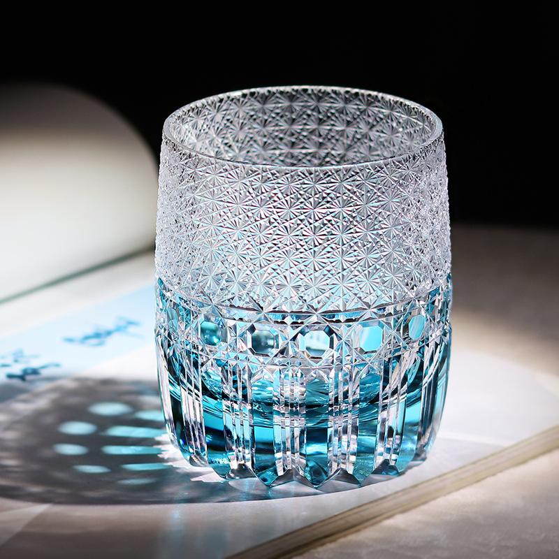 Sky Blue Hand-Carved Edo Kiriko Glass Cup 320ml New Style - Yu Lan (Jade Blue) Japanese Traditional Crystal Whiskey Glass