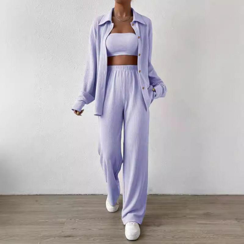 Autumn and Winter Solid Color Button Cardigan Lapel Casual Fashion Women's Two-piece Set