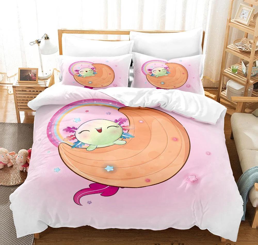 Kawaii Djur Axolotl Tryck Sängkläder Set Enkelt Twin Full Queen King Size Sängset Aldult Barn Sovrum Påslakanset 3D Anime