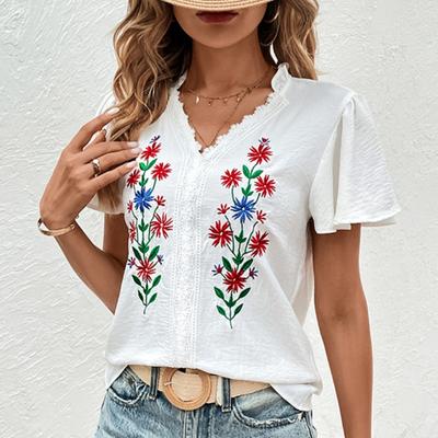 Summer New Vintage V Neck White Embroidered Shirt Women Fashion Short Sleeve Elegant Casual Blouse Women Slim Fit Solid Female Shirts 24735
