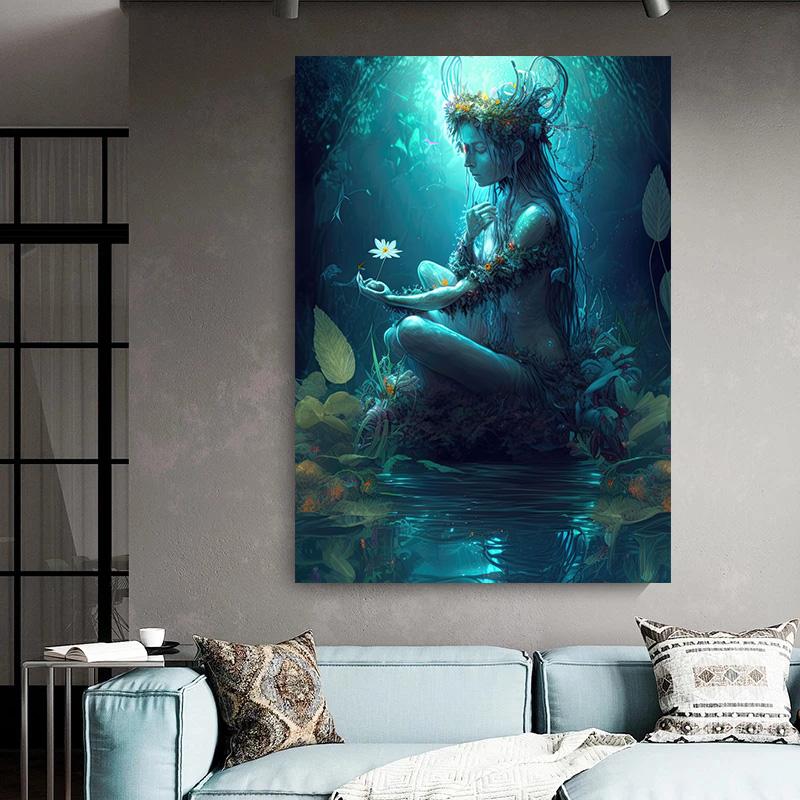 Dark Gothic Fairy Elf Fairy Underwater Mystical Fairy Flower Wing Poster and Print Canvas Painting Wall Art Pictures Home Decor