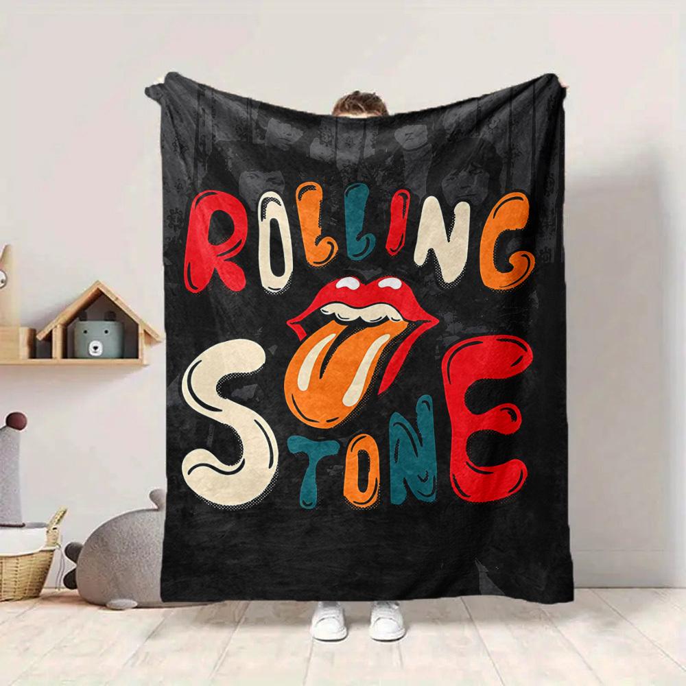 1pc Rolling Stone Flannel Blanket [Cozy Throw Blanket] For Sofa, Bed, Travel, Camping, Livingroom, Office, Couch, Chair, And Bed